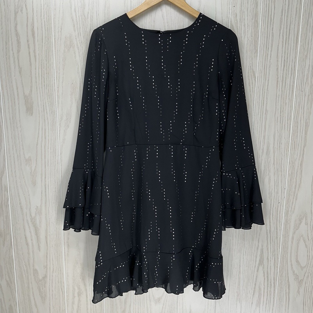 Who What Wear Mini Dress Womens M Black Silver Metallic Ruffled Long Bell Sleeve